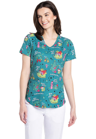 Ladies Sleigh My Name Christmas Print Scrub Top